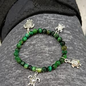 Hand Crafted Green Tiger's Eye With Turtle Charm Stretched Bracelet